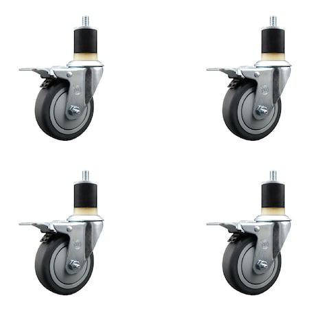 Service Caster 4'' Thermoplastic Rubber Swivel 1-7/8'' Expanding Stem Caster Set Total Lock Brake, 4PK SCC-EXTTL20S414-TPRB-178-4